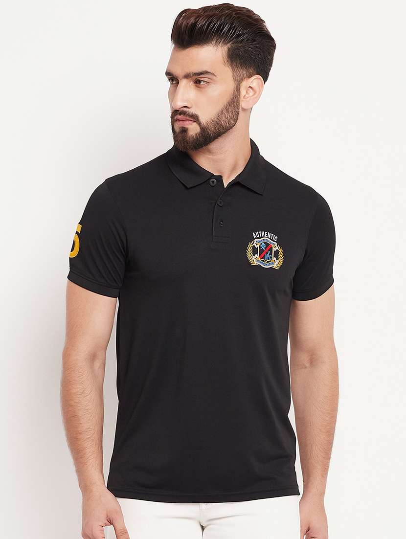 men black embroidered detailed polo t-shirt