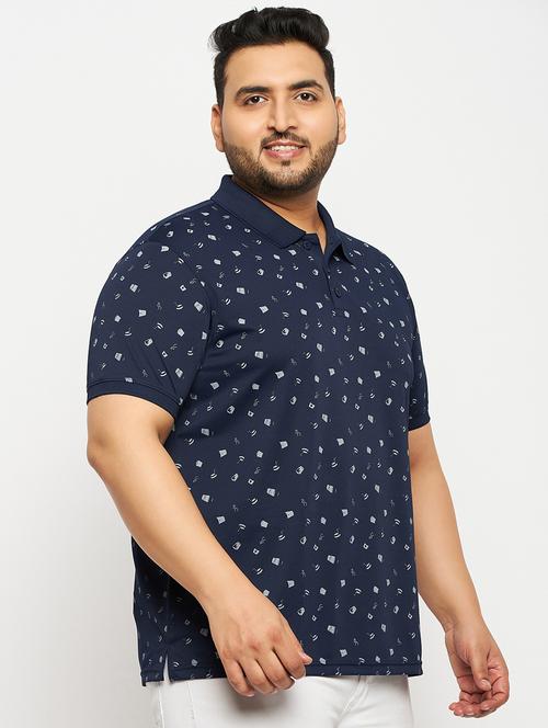 men navy blue printed plus size polo t-shirt - 20570902 - Standard Image - 0