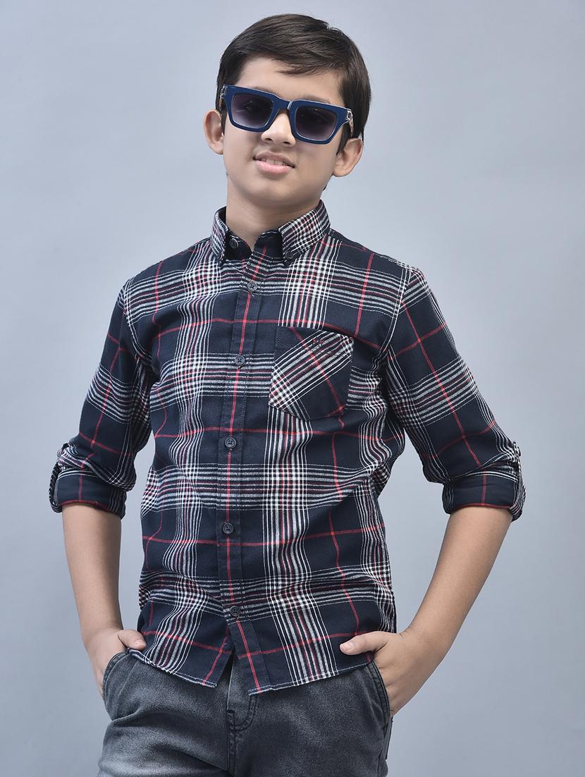 boys navy blue checked pocket detailed shirt - 20570924 -  Zoom Image - 0