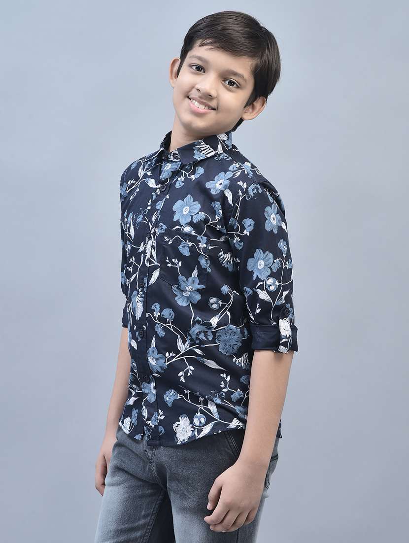 boys navy blue floral printed casual shirt