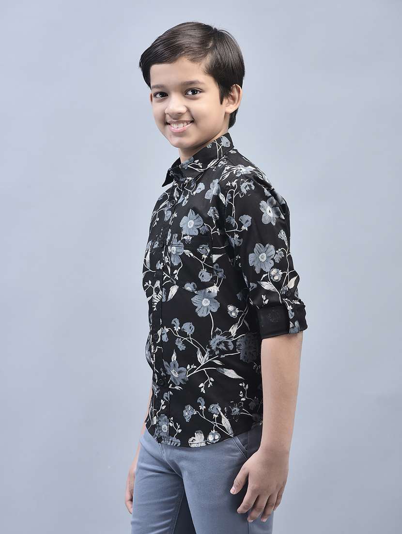 boys black floral printed casual shirt