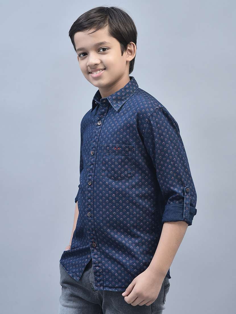 boys navy blue floral micro printed casual shirt