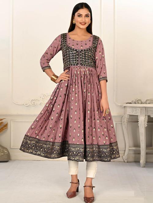 women mauve round neck flared kurta - 20571108 - Standard Image - 0