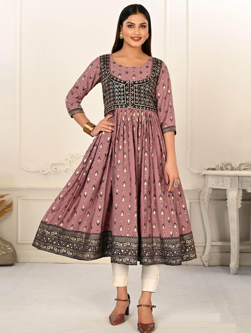 women mauve round neck flared kurta - 20571108 - Zoom Image - 0