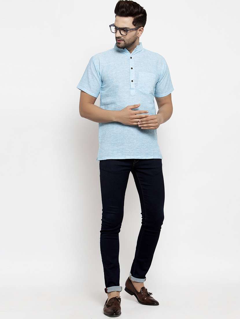 men solid mandarin neck short kurta - 20571366 -  Standard Image - 3