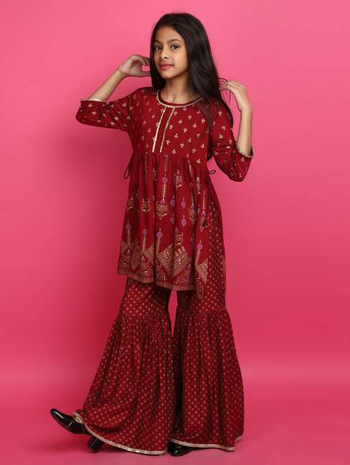 girls foil print round neck kurta and sharara set - 20572381 - Standard Image - 0