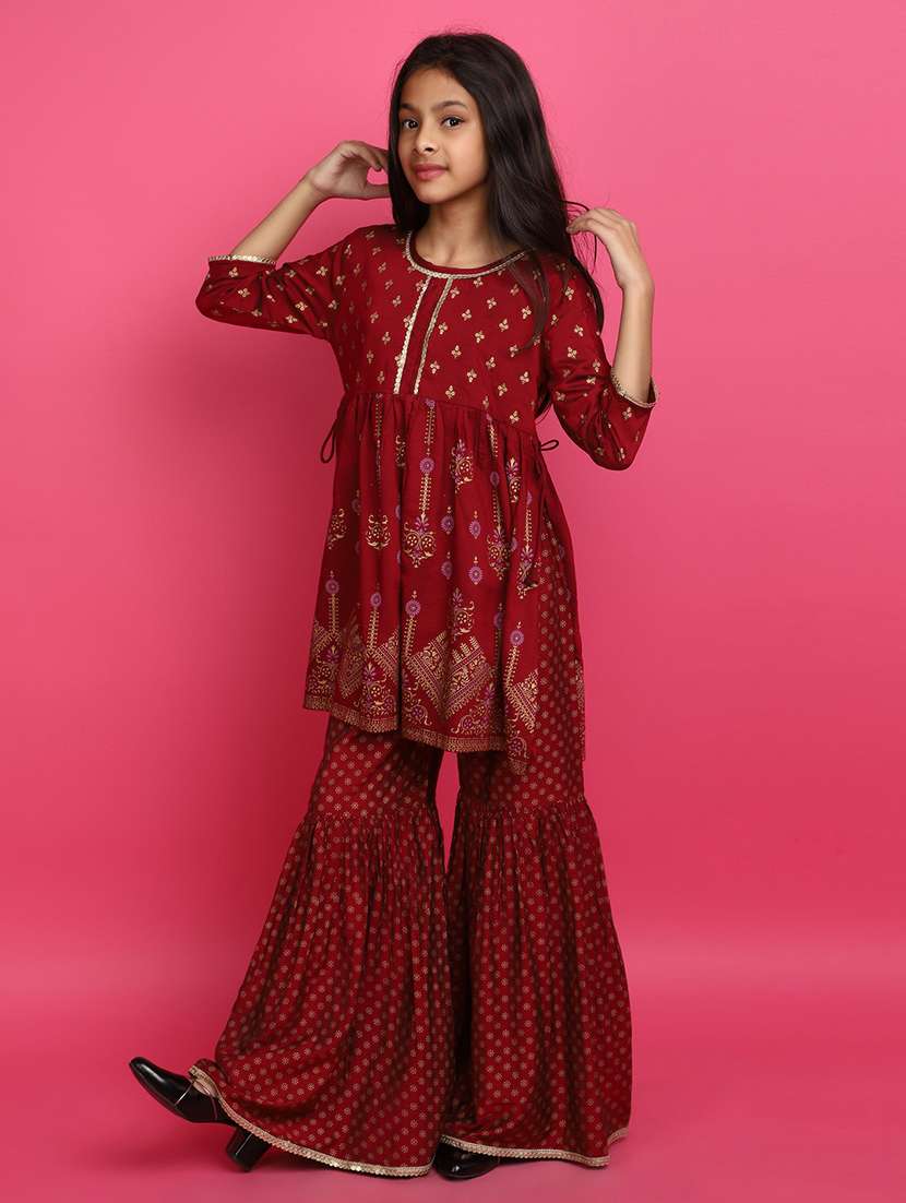 girls foil print round neck kurta and sharara set - 20572381 - Zoom Image - 0