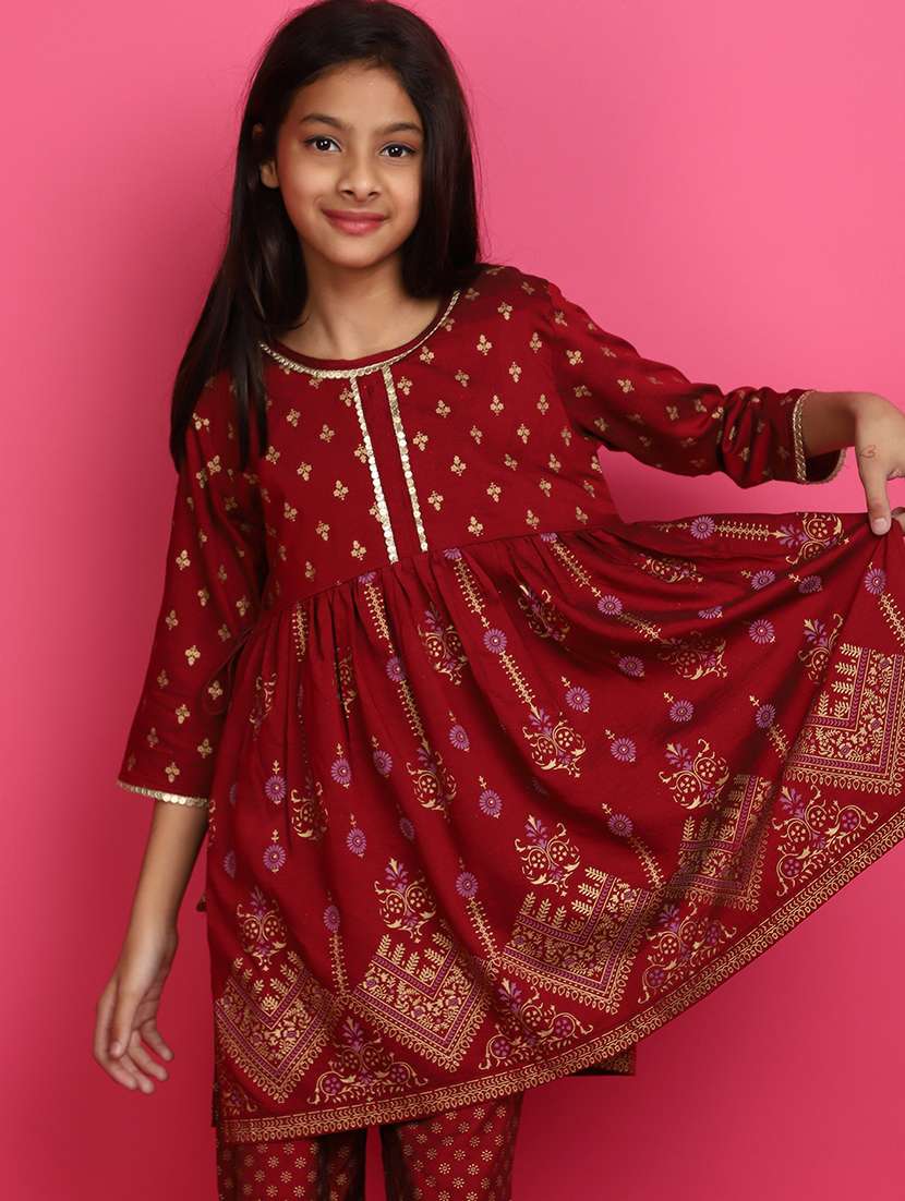 girls foil print round neck kurta and sharara set - 20572381 - Standard Image - 3