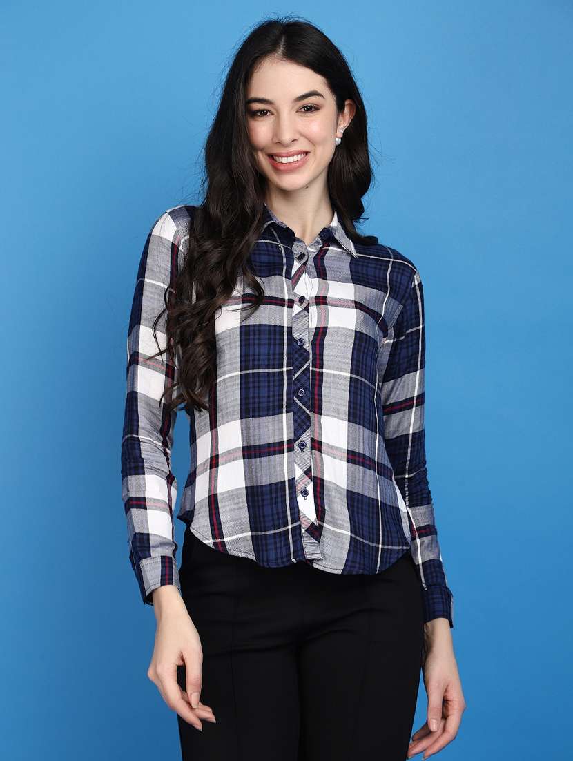 women blue checks print long sleeves shirts - 20572452 - Zoom Image - 0