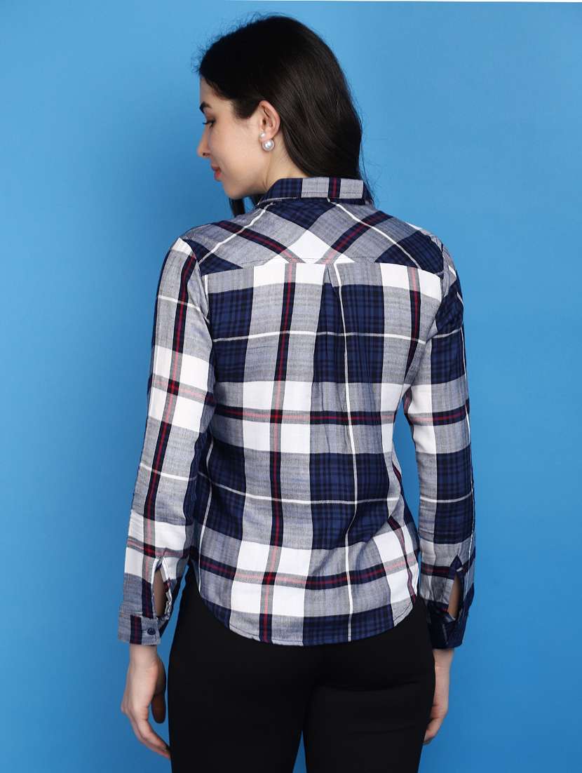 women blue checks print long sleeves shirts - 20572452 - Standard Image - 3