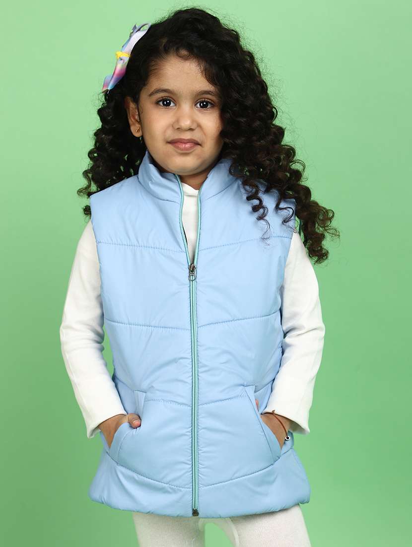 girls light blue solid quilted jacket