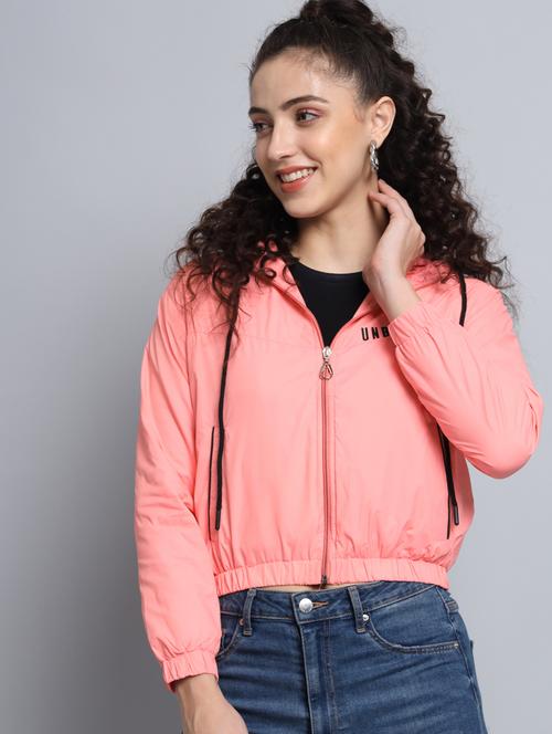 women coral pink crop hooded bomber jacket - 20572946 - Standard Image - 0