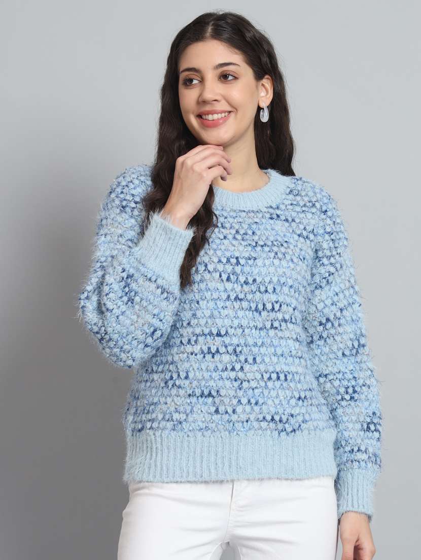 women blue self design knitted pullover