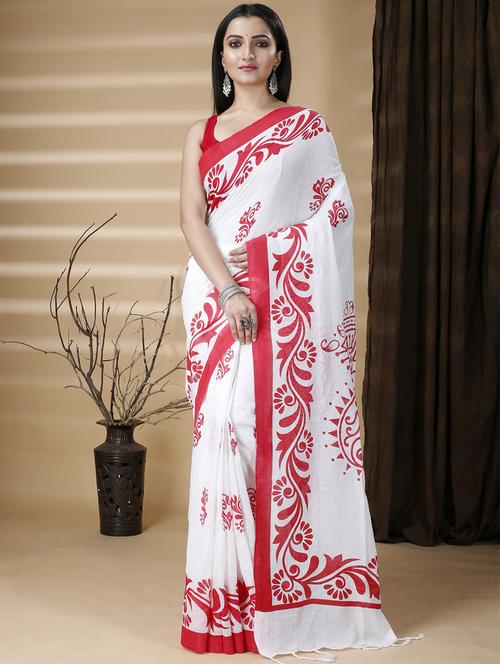 women's printed white colored saree with blouse - 20573059 - Standard Image - 0