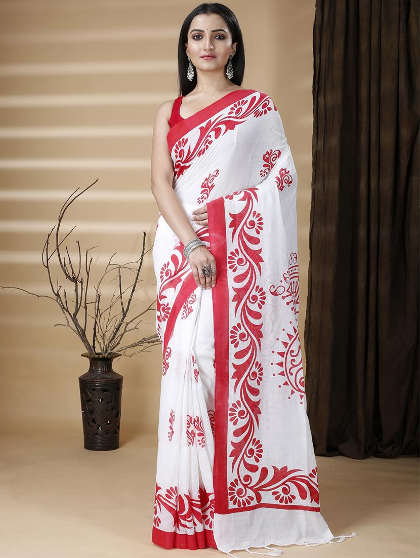 women's printed white colored saree with blouse - 20573059 - Zoom Image - 0