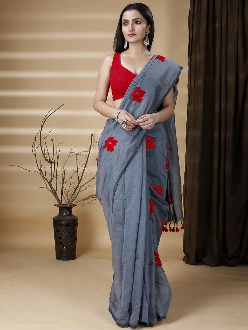 women solid with work embroidered saree  with blouse - 20573060 -  Zoom Image - 0