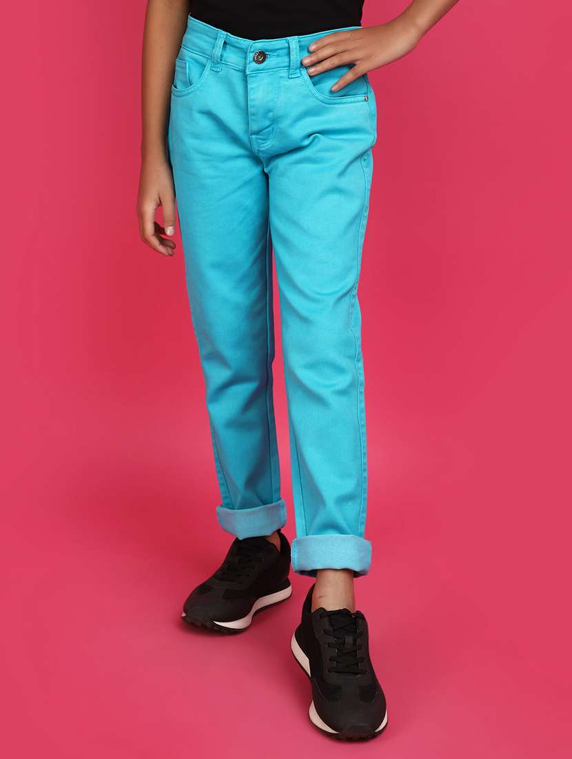 girls turquoise solid mid rise jeans