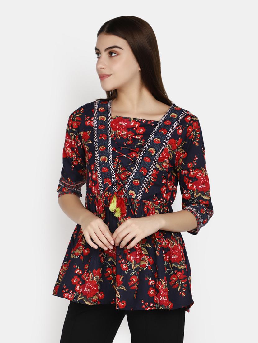 women navy blue floral printed a-line kurti - 20588404 - Zoom Image - 0
