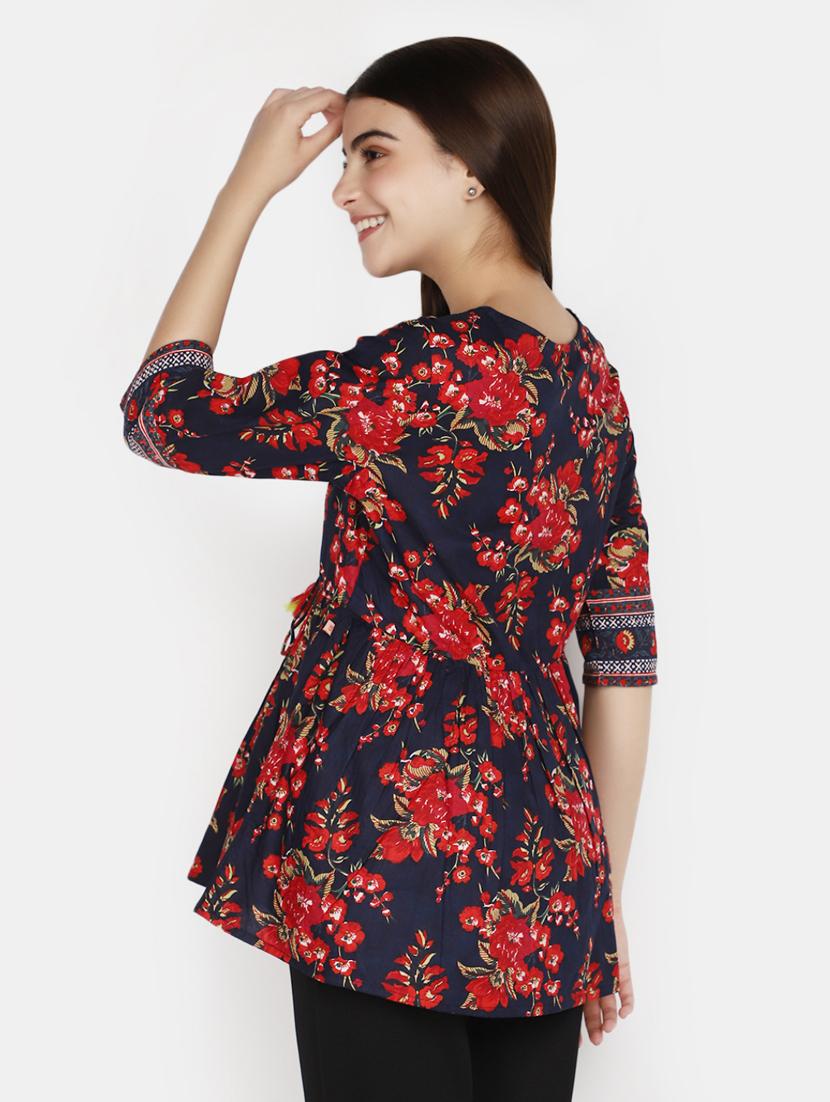women navy blue floral printed a-line kurti - 20588404 - Standard Image - 3