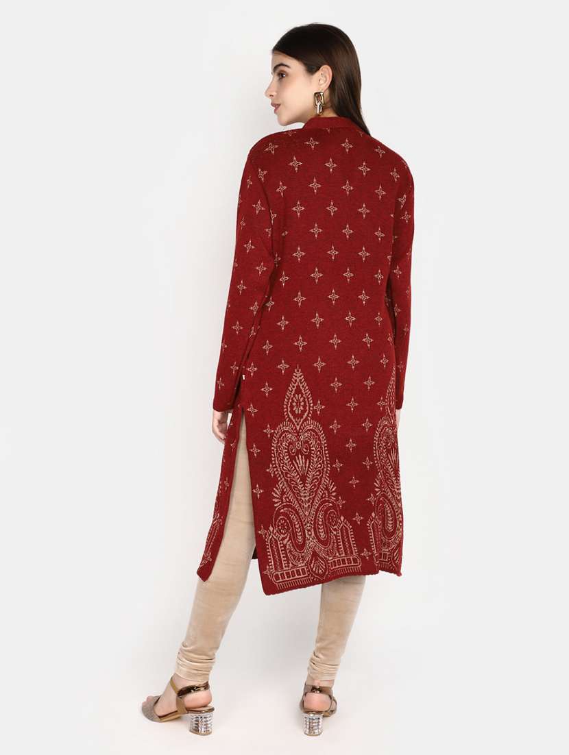 maroon self design detailed kurta - 20588645 - Standard Image - 3