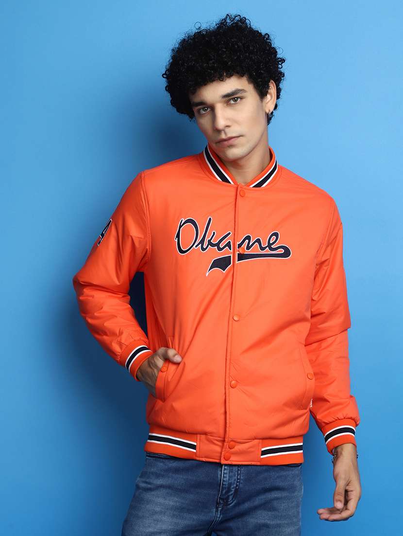 men orange henley neck casual jacket