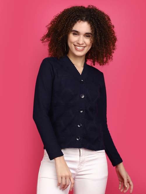 women navy blue long sleeves cardigans - 20589862 - Standard Image - 0