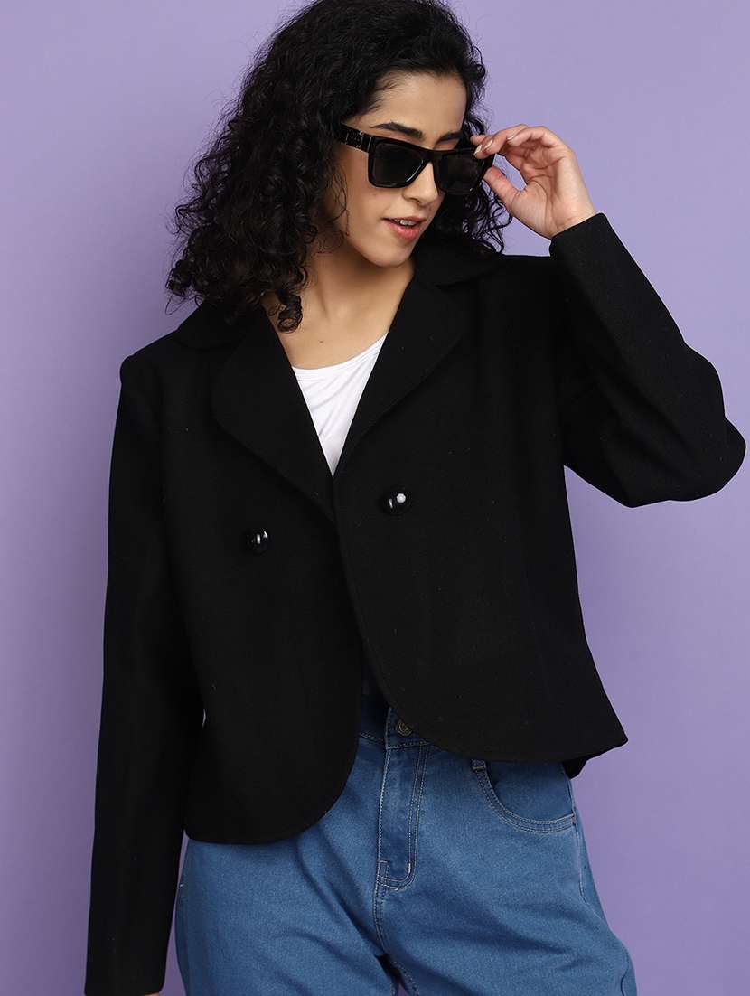 women black solid full sleeve coat - 20589886 -  Standard Image - 3