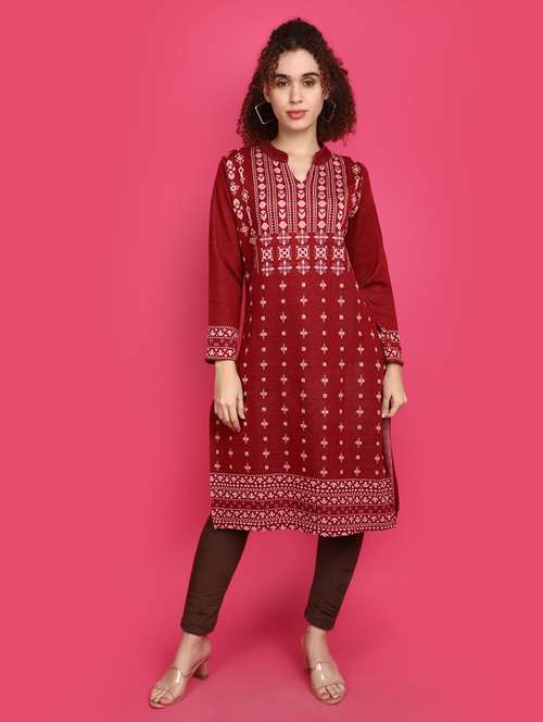 maroon self design detailed kurta - 20589961 -  Standard Image - 0