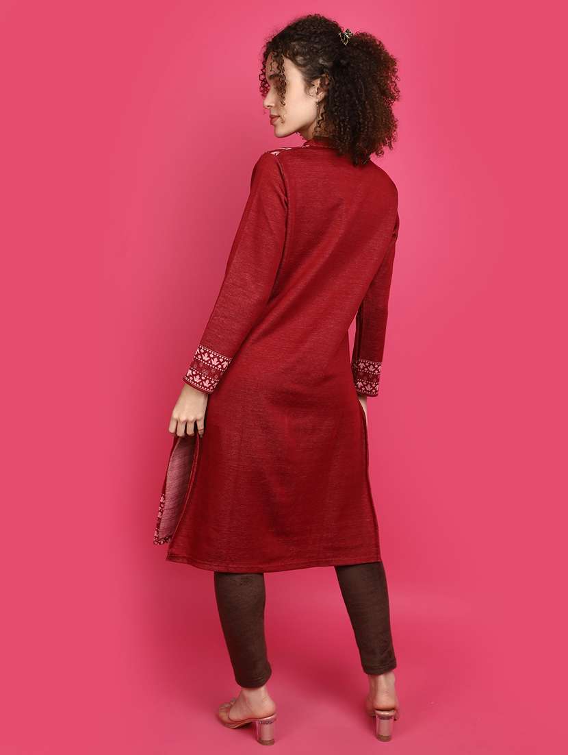 maroon self design detailed kurta - 20589961 - Standard Image - 3