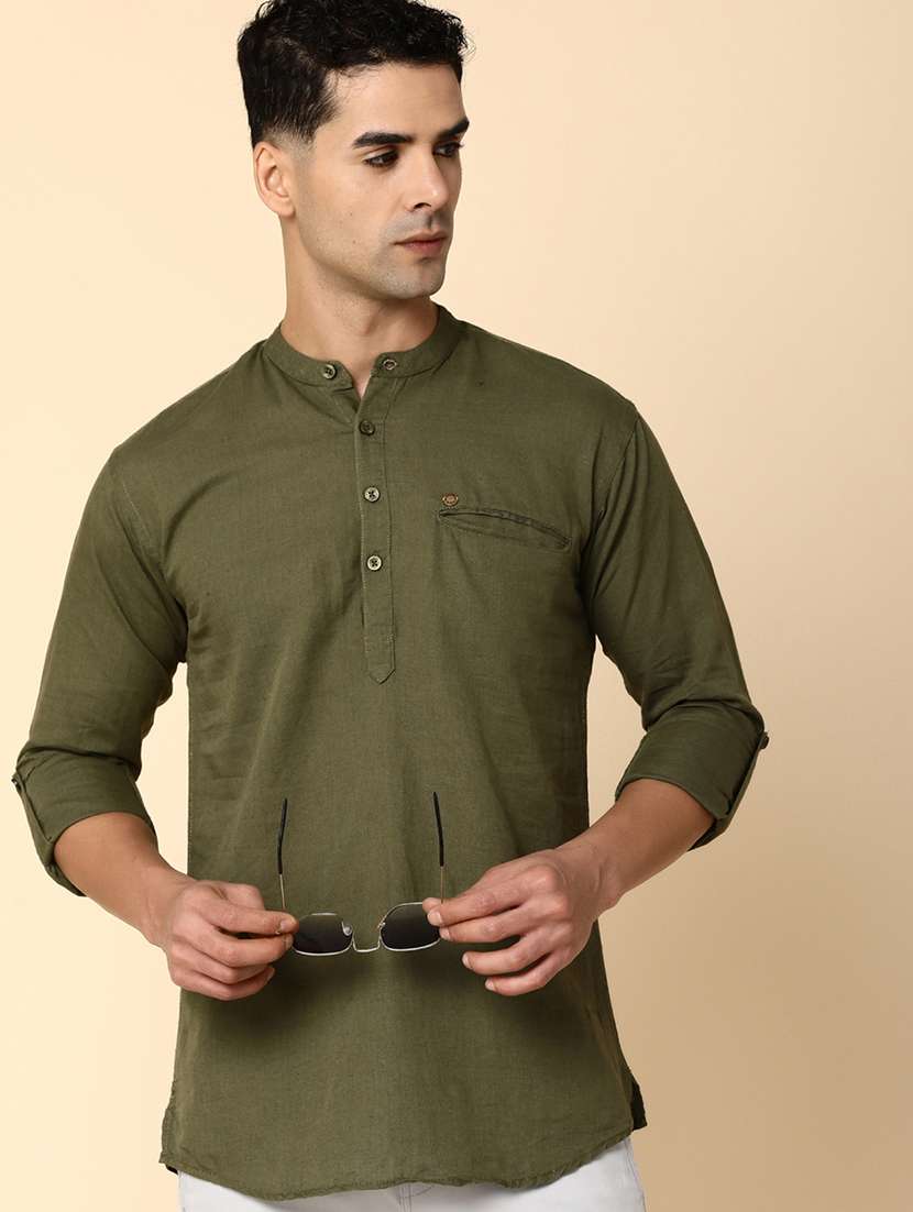 men mandarin neck solid short kurta - 20590122 -  Standard Image - 3
