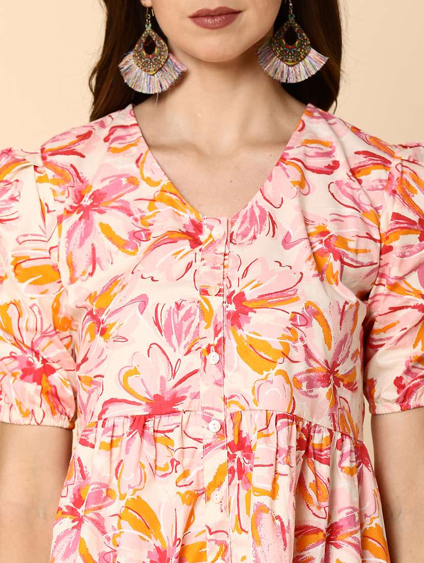 women pink floral print cotton flared dress - 20590170 -  Standard Image - 5