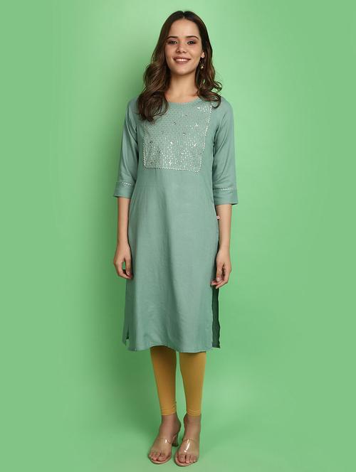 women green round neck straight kurta - 20590203 - Standard Image - 0