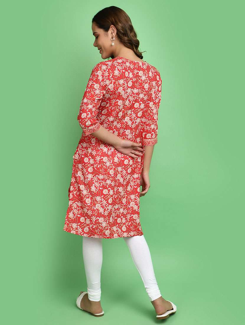 women red round neck straight kurta - 20590285 -  Standard Image - 3