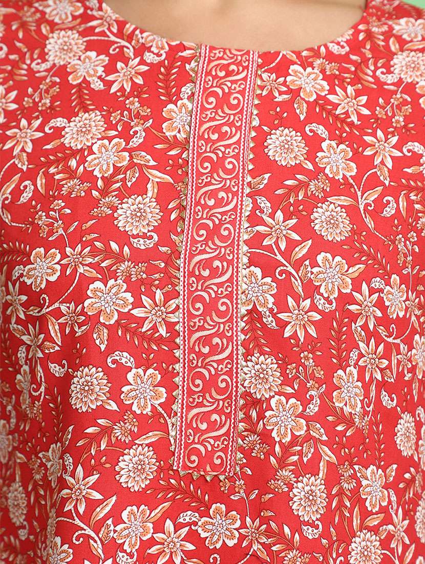 women red round neck straight kurta - 20590285 -  Standard Image - 5