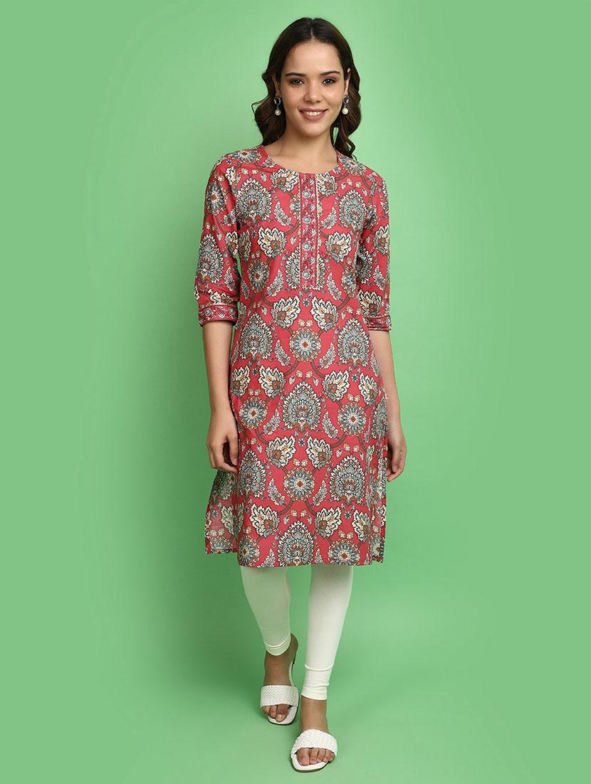 women red round neck straight kurta - 20590403 -  Zoom Image - 0