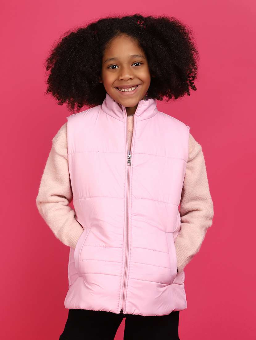 girls pink solid quilted jacket