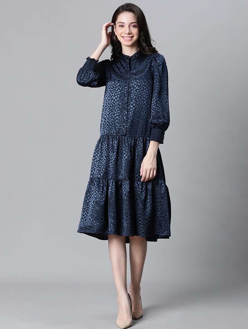 navy blue polyester tiered shirt dress