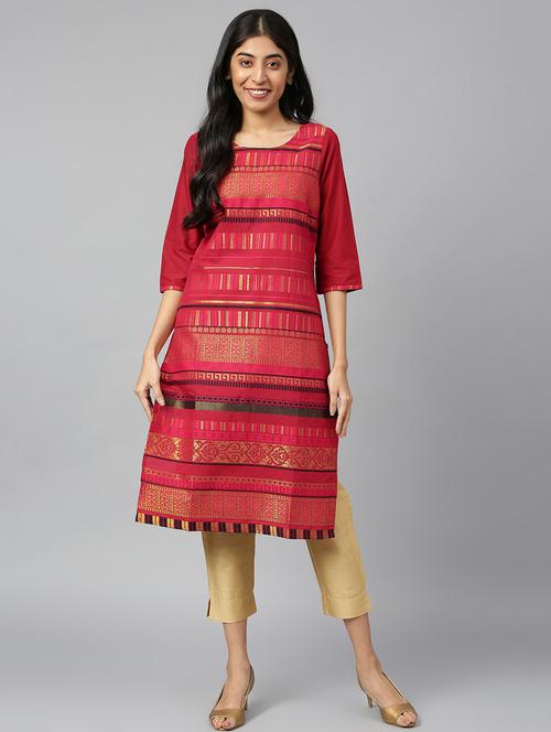 women red round neck straight kurta - 20591231 - Standard Image - 0