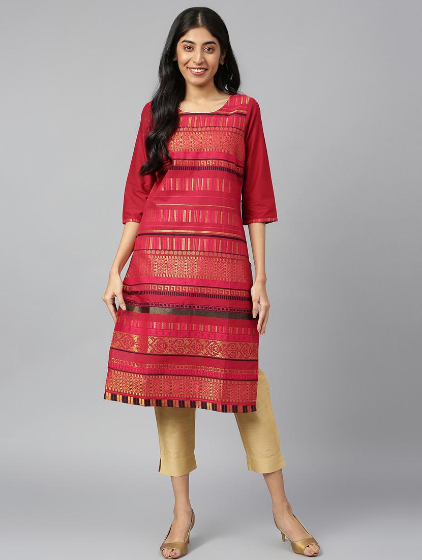 women red round neck straight kurta - 20591231 - Zoom Image - 0