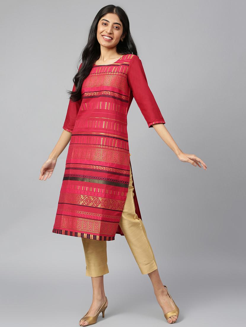 women red round neck straight kurta - 20591231 - Standard Image - 3
