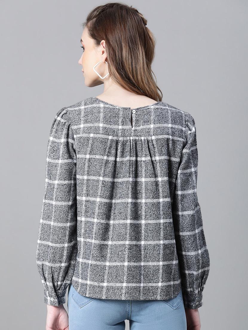 grey cotton checked printed regular top - 20592337 - Standard Image - 3