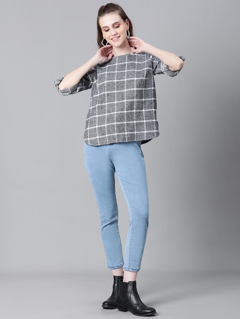 grey cotton checked printed regular top - 20592337 - Standard Image - 5