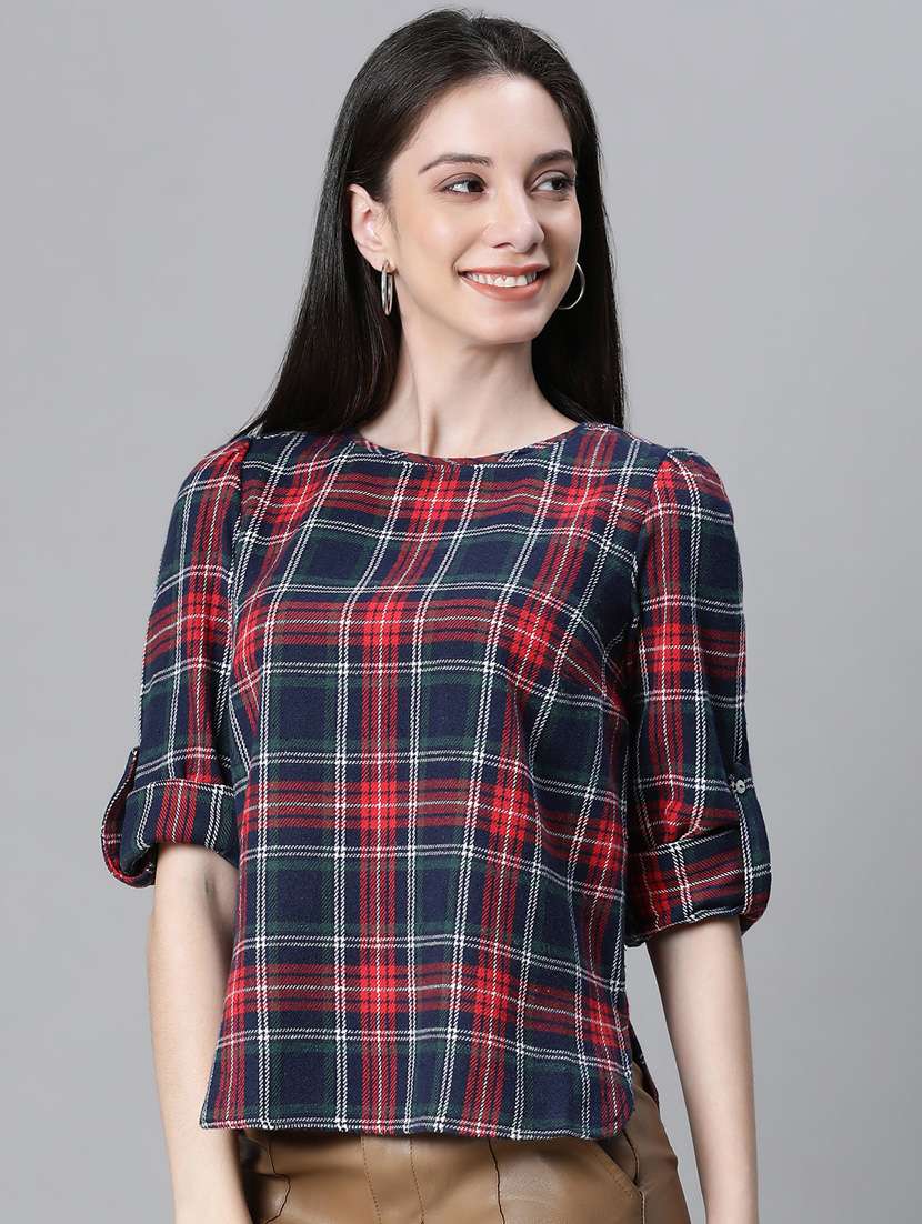 navy blue checked printed regular top - 20592339 - Zoom Image - 0