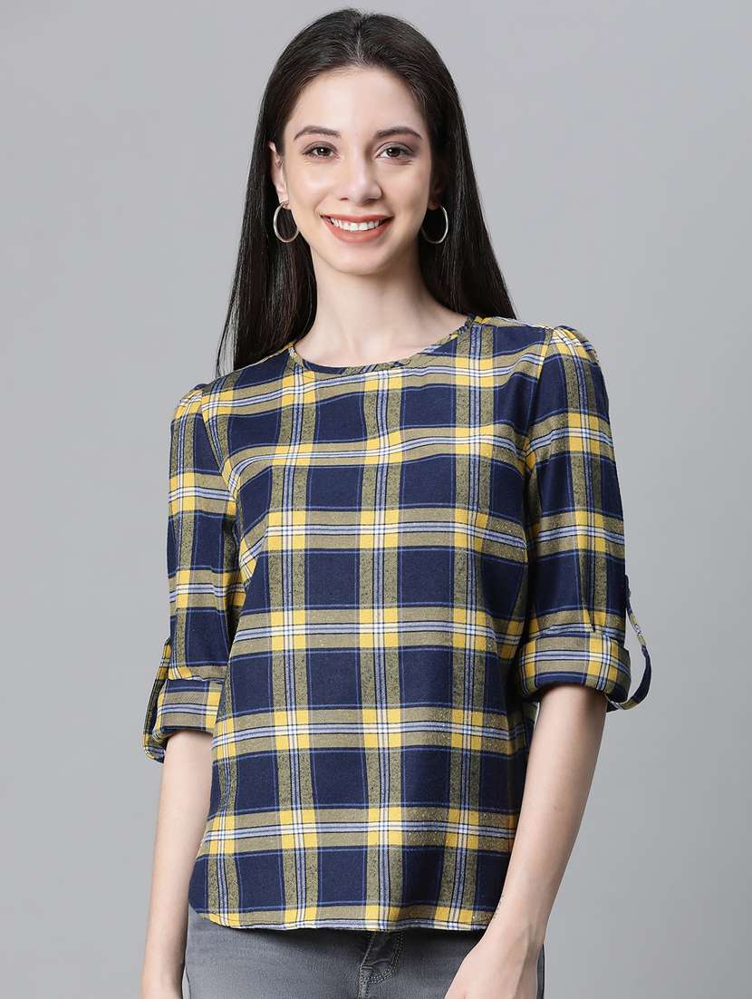 navy blue checked printed regular top - 20592342 -  Zoom Image - 0