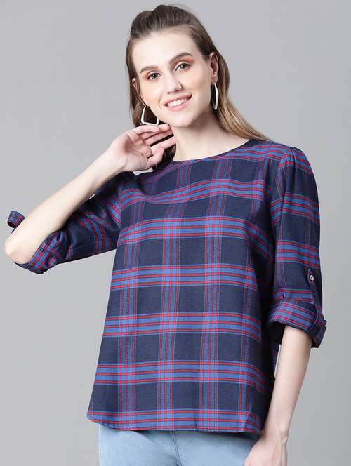 navy blue checked printed regular top - 20592344 -  Standard Image - 0
