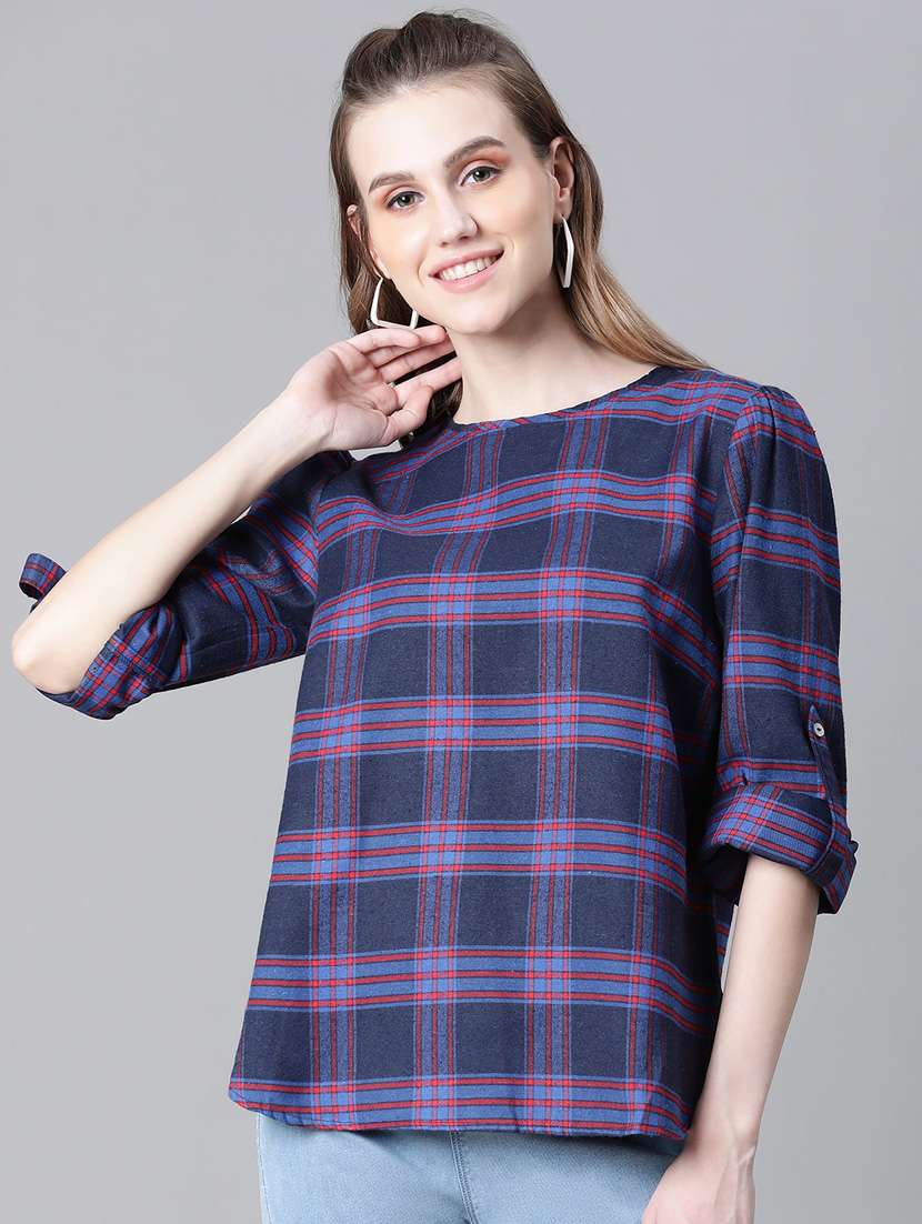 navy blue checked printed regular top - 20592344 -  Zoom Image - 0