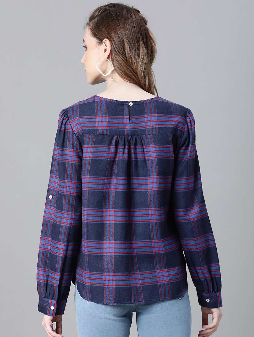 navy blue checked printed regular top - 20592344 - Standard Image - 3