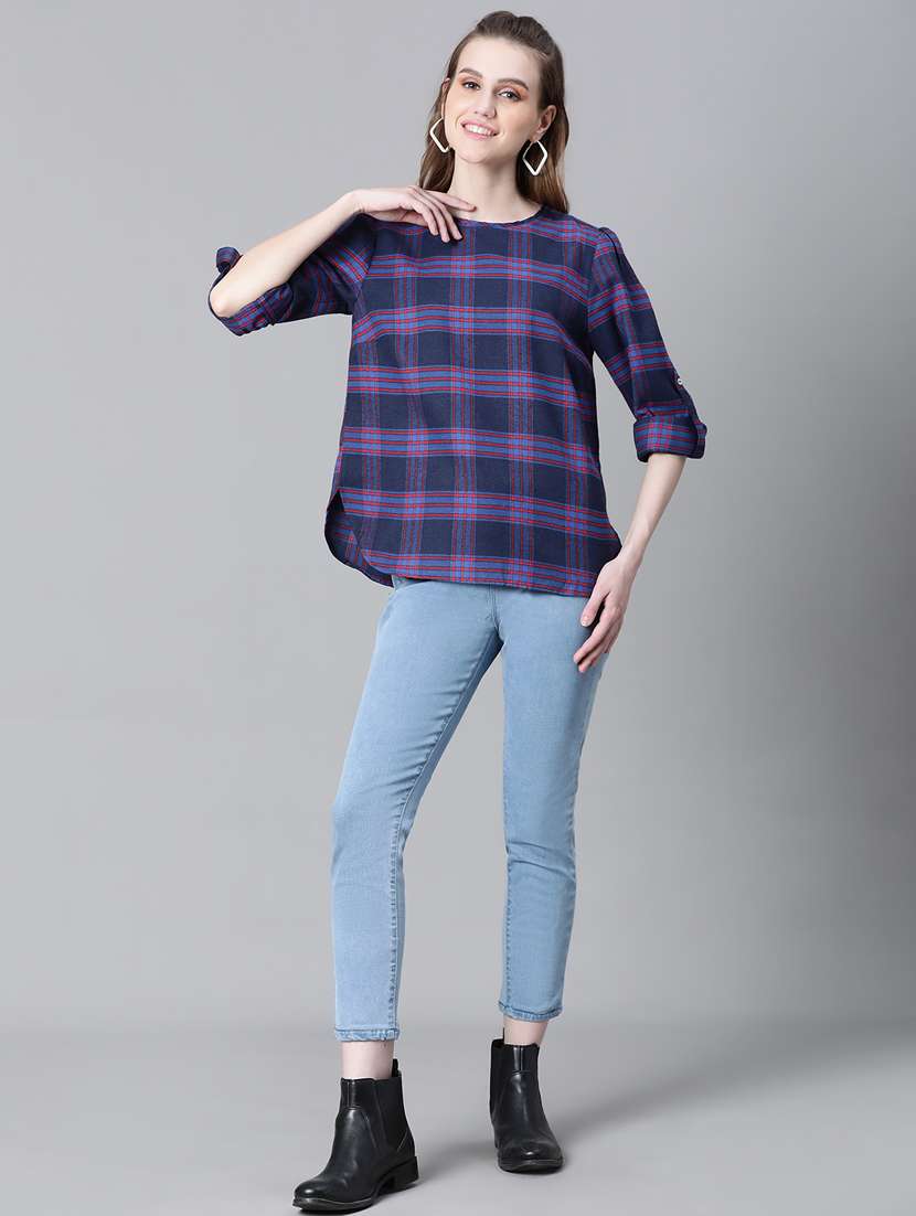 navy blue checked printed regular top - 20592344 - Standard Image - 5