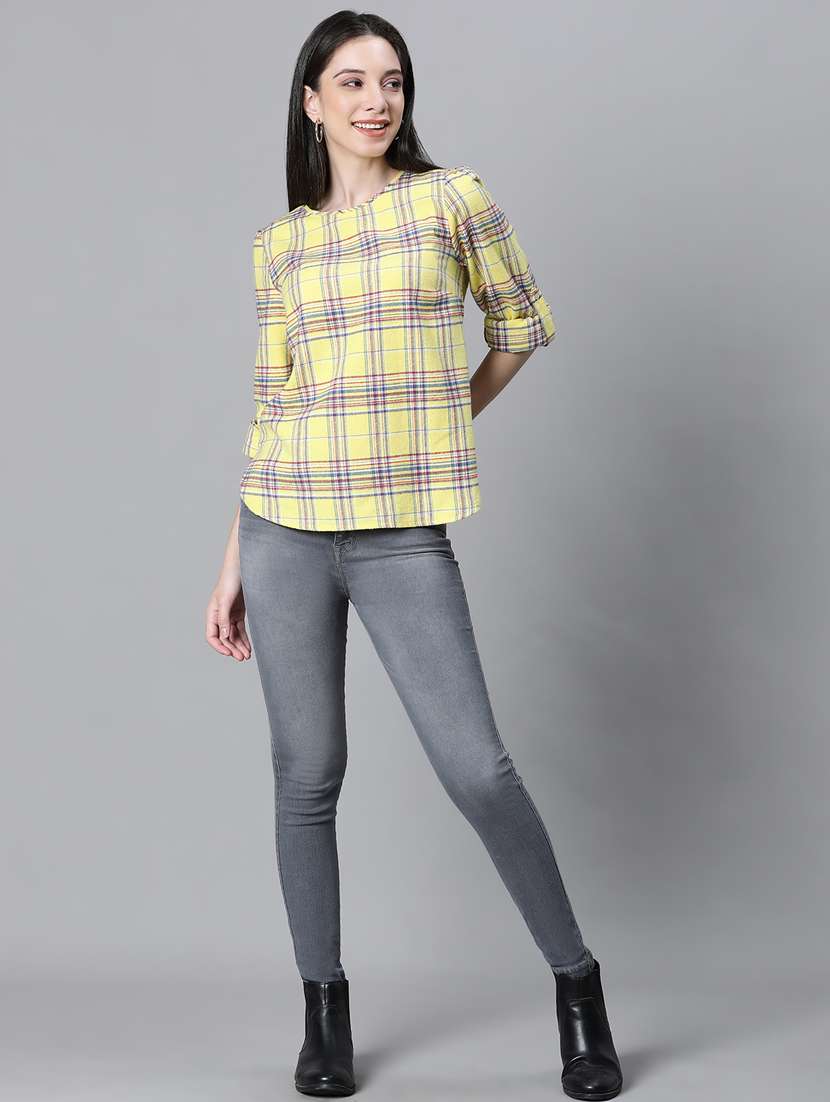 yellow checked printed regular top - 20592346 - Standard Image - 5