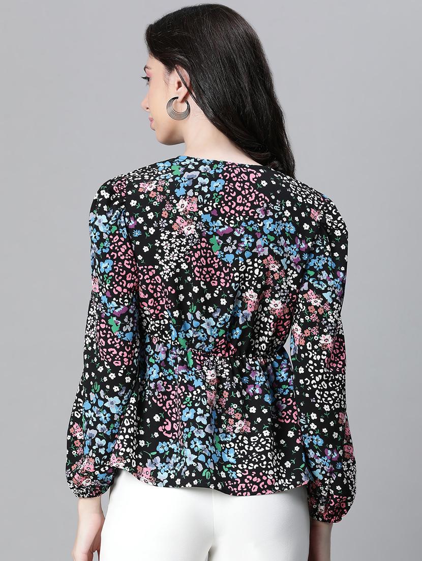 women floral print puff sleeves peplum top - 20592355 - Standard Image - 3